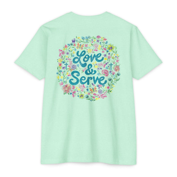 Mint green t-shirt with 'Love & Serve' design on a white background