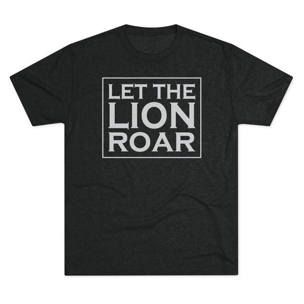 Black t-shirt with 'Let the Lion Roar' text on a white background