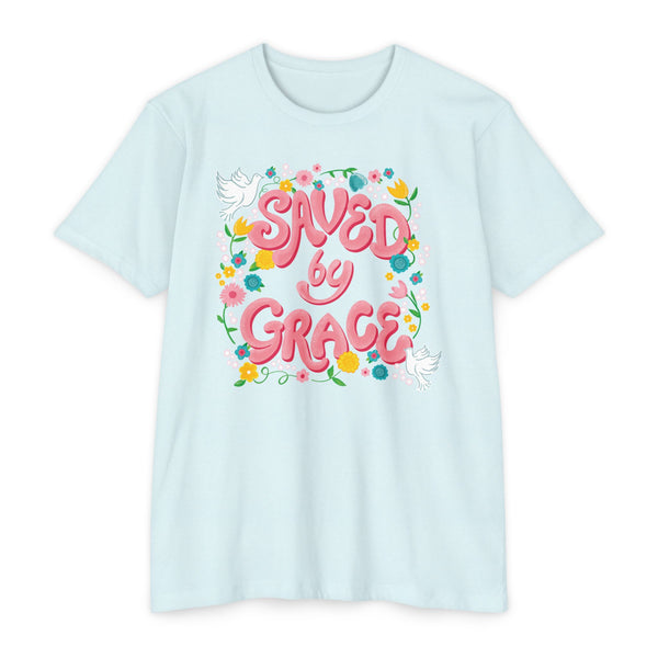 Light blue t-shirt with 'Saved by Grace' text and floral design on a white background