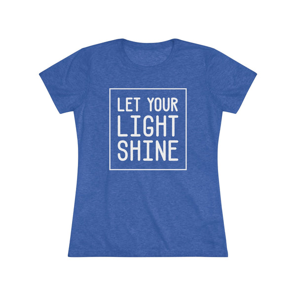 Blue t-shirt with 'Let Your Light Shine' text on a white background