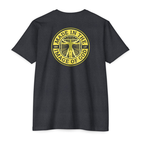 Charcoal t-shirt with yellow 'Made in the Image of God' design on the back against a white background