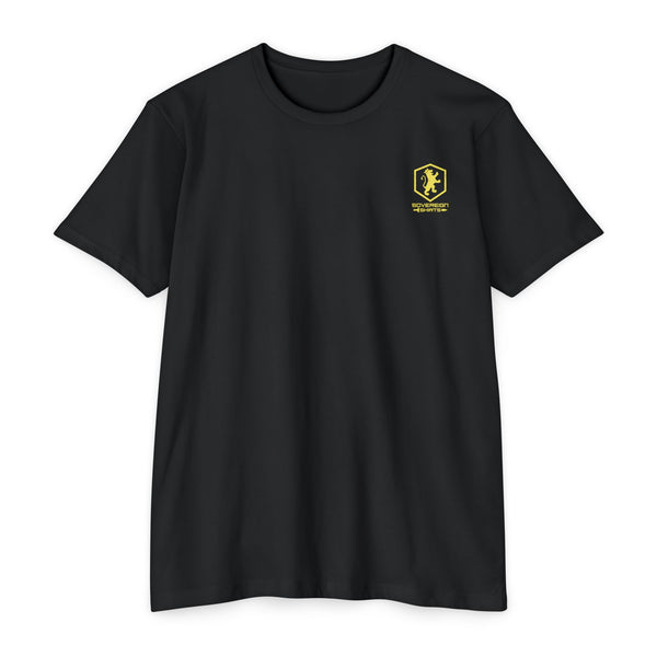 Black t-shirt with a yellow gold Sovereign Shirts Christian Apparel small logo on front side chest area