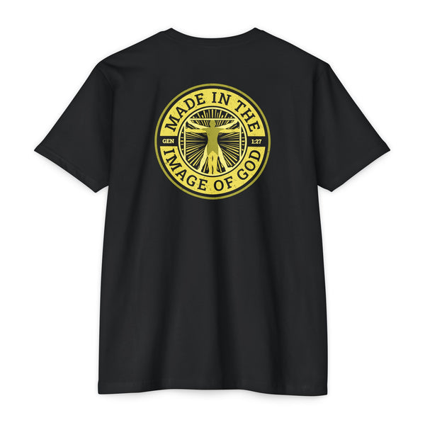 Black t-shirt with yellow gold emblem graphic print 'Made in the Image of God' Christian T Shirt design on a white background
