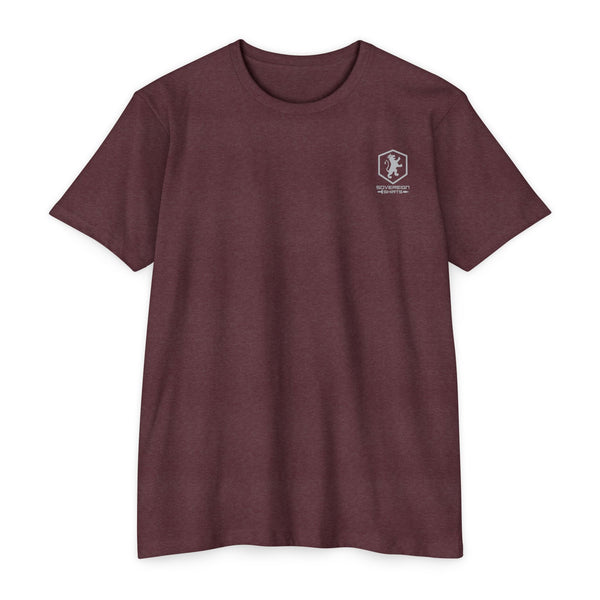 Maroon Christian T shirt with a small Sovereign Shirts logo on the chest against a white background
