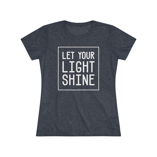 Navy t-shirt with 'Let Your Light Shine' text on a white background