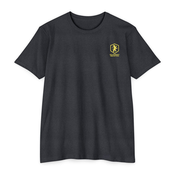 Charcoal t-shirt with a yellow gold Sovereign Shirts Christian Apparel small logo on front side chest area