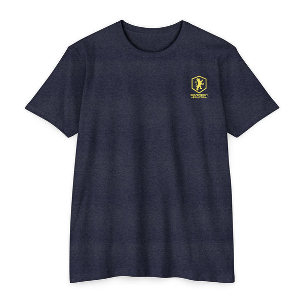 Navy blue t-shirt with a yellow gold Sovereign Shirts Christian Apparel small logo on front side chest area