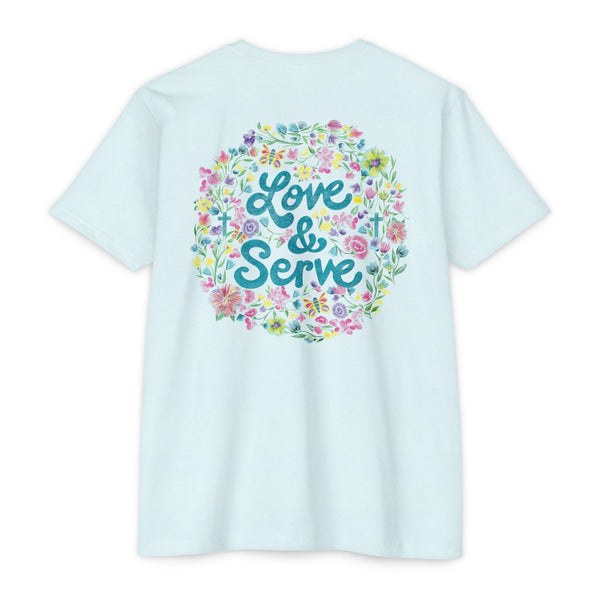 Light blue t-shirt with 'Love & Serve' design on a white background