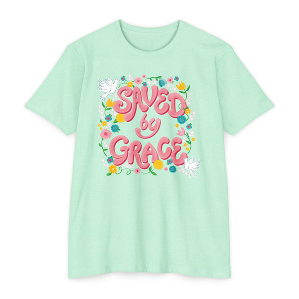 Mint green t-shirt with 'Saved by Grace' text and floral design on a white background