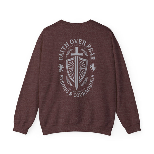 Maroon sweatshirt with 'Faith Over Fear' graphic on the back against a white background