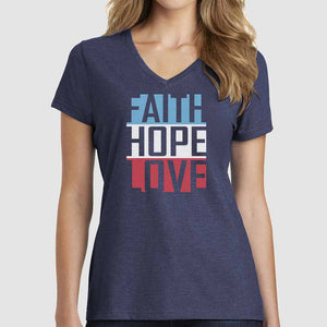 Faith Hope and Love V-Neck Christian T Shirts for Women – lightweight, breathable, soft fabric, inspirational design, supports crisis relief with $7 donation