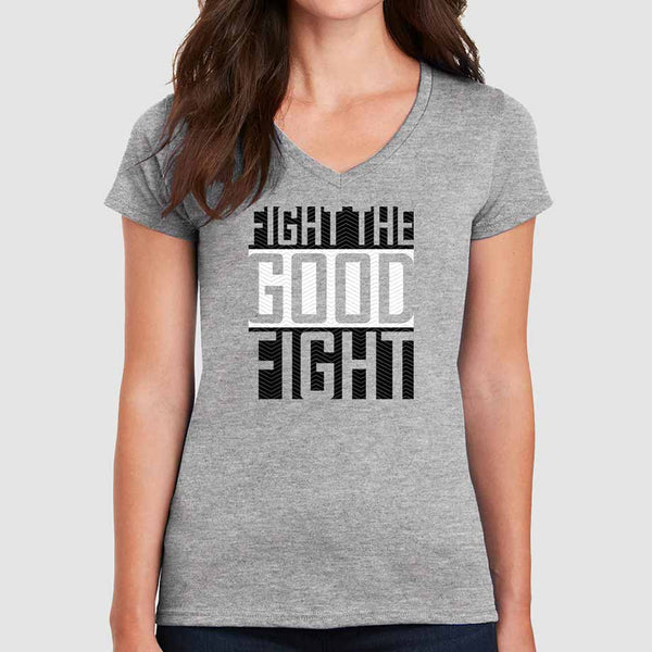 Fight The Good Fight Women's Christian Tees V-Neck Athletic Heather